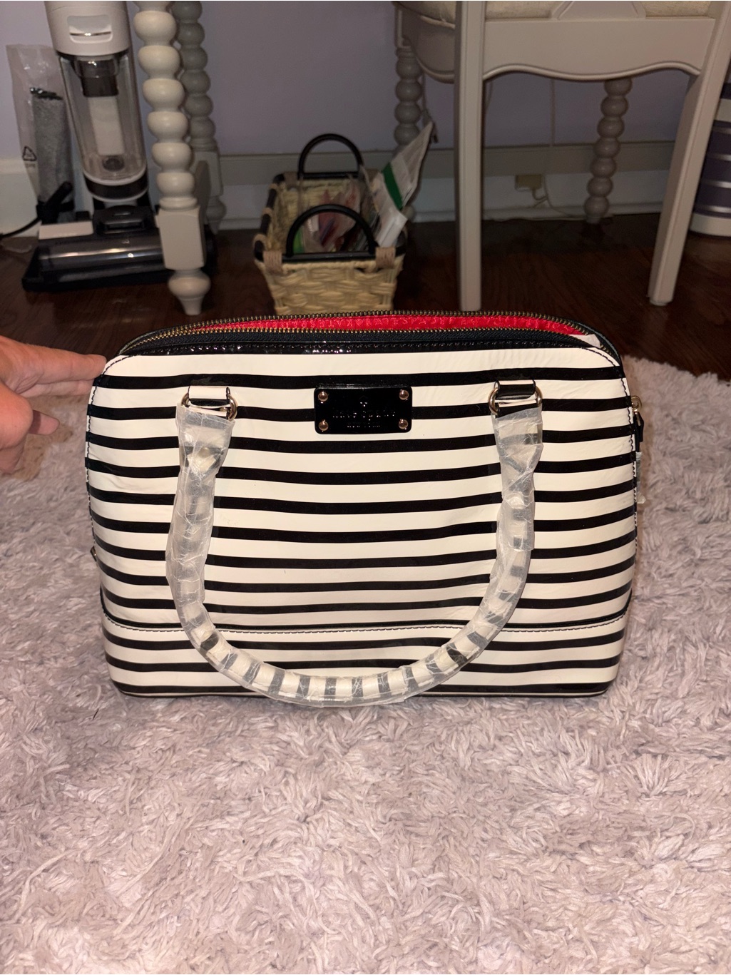 Kate Spade Black And White Striped Dome Satchel With Red Interior